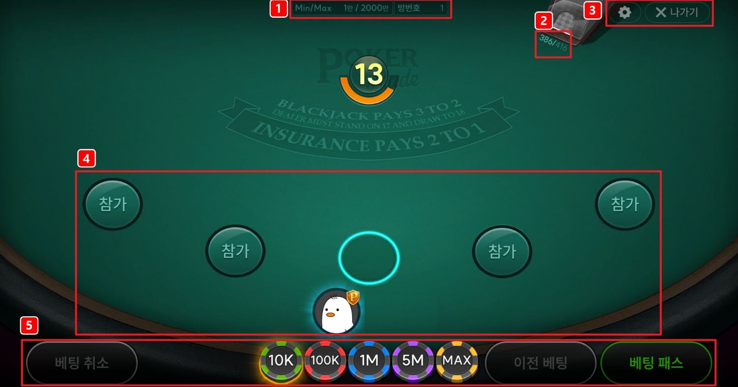 블랙잭 게임방 화면 설명